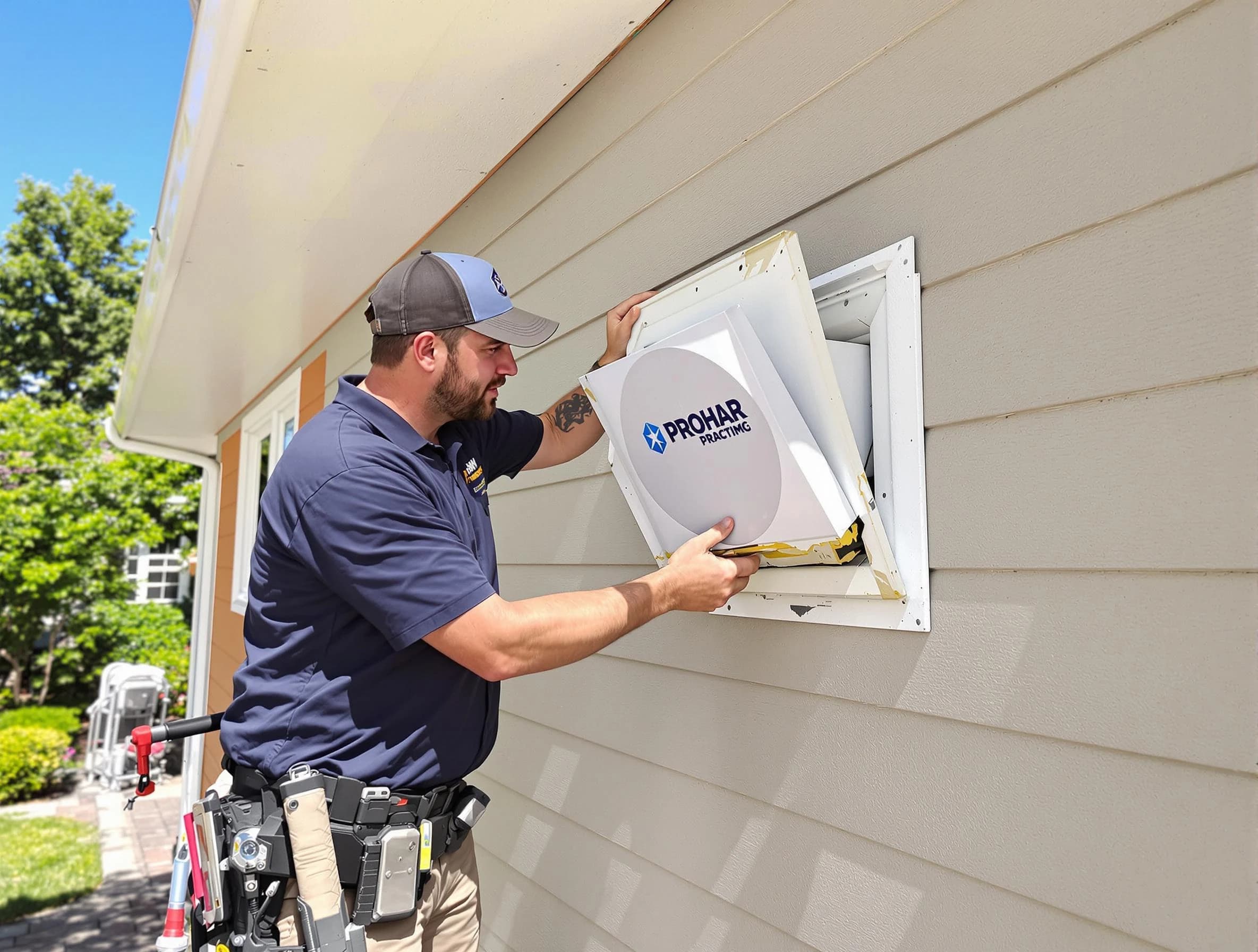 Oakmont Dryer Vent Cleaning technician installing a new protective dryer vent cover on a home in Oakmont