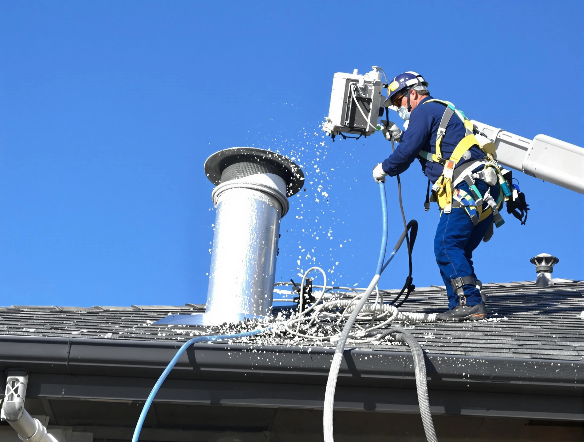 Oakmont Dryer Vent Cleaning certified technician safely cleaning a roof-mounted dryer vent in Oakmont